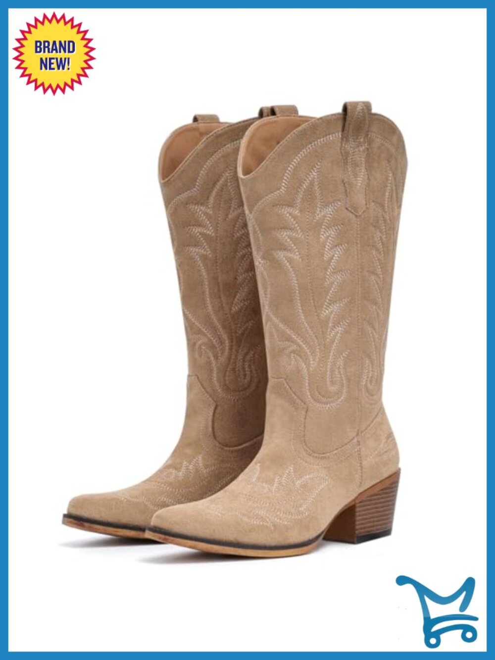 Fioralie Womens Western Cowboy Boots Mid Calf Snip Toe Pull On Suede Faux